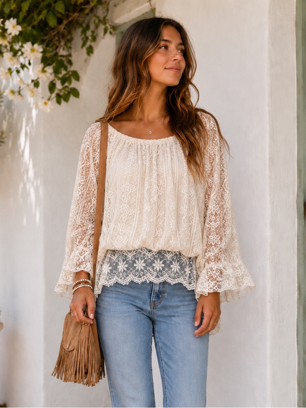 Blaque Label Boho Chic Cream Lace Peasant Blouse
